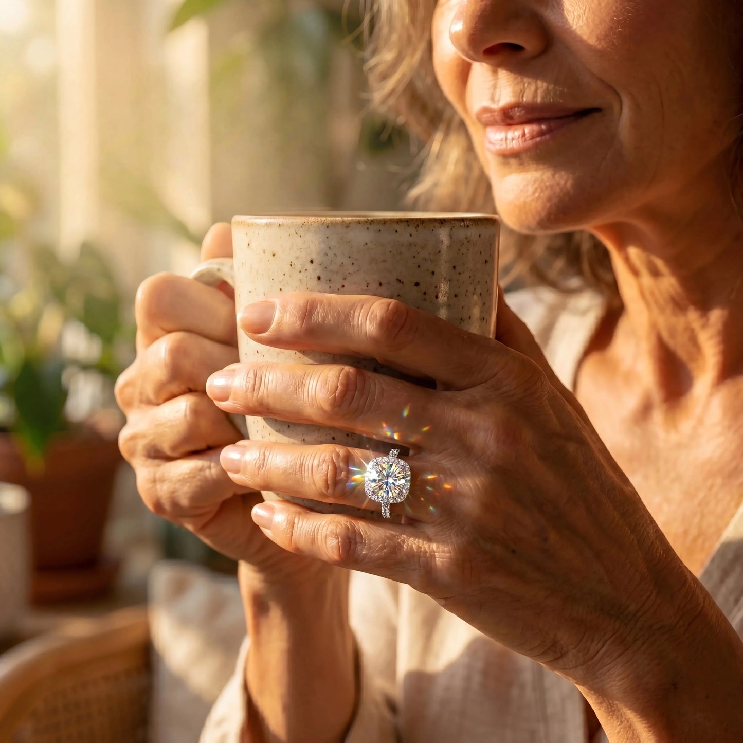 Ring mit Moissanit im „Air Cushion“-Schliff, makellos und mit Platinbeschichtung