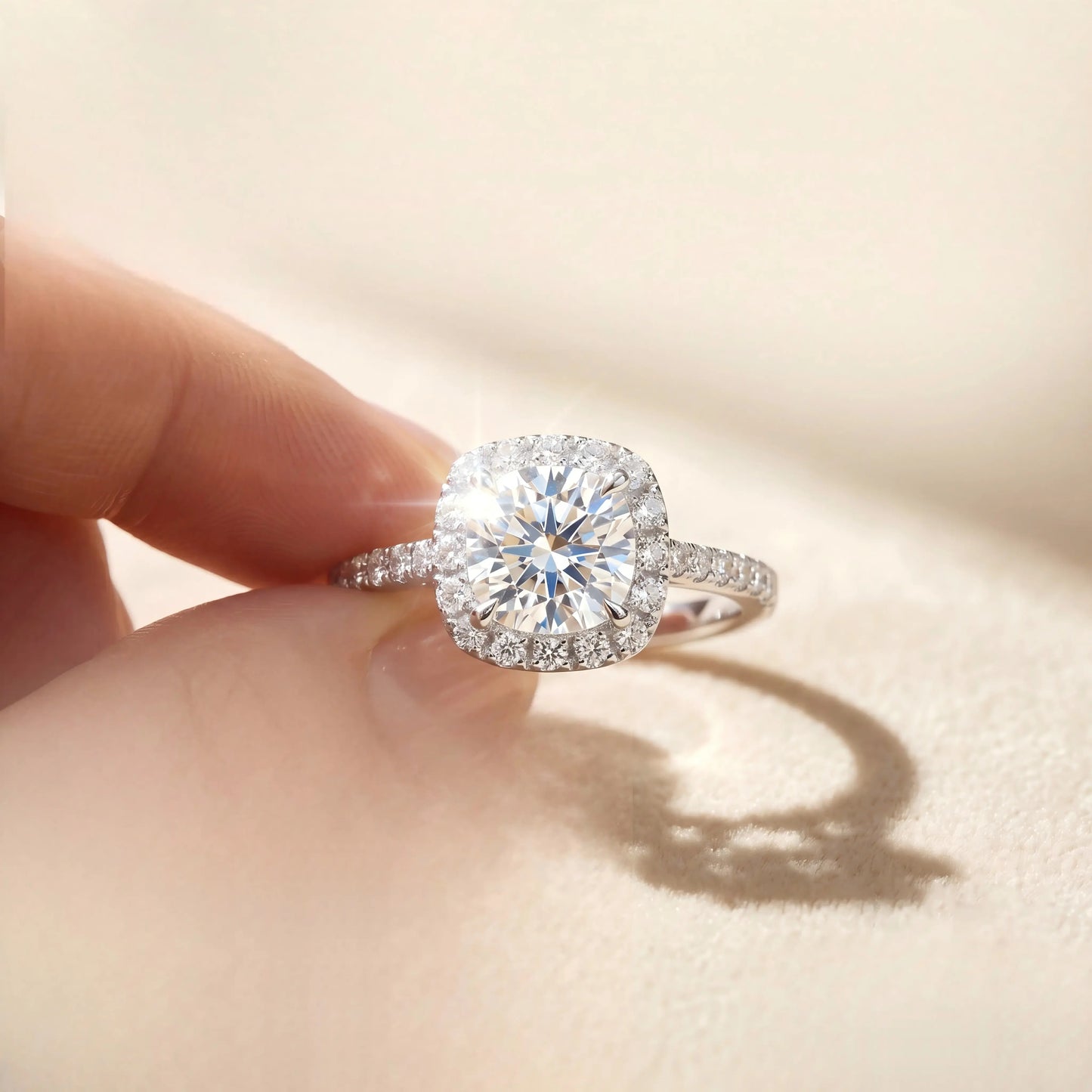 Ring mit Moissanit im „Air Cushion“-Schliff, makellos und mit Platinbeschichtung