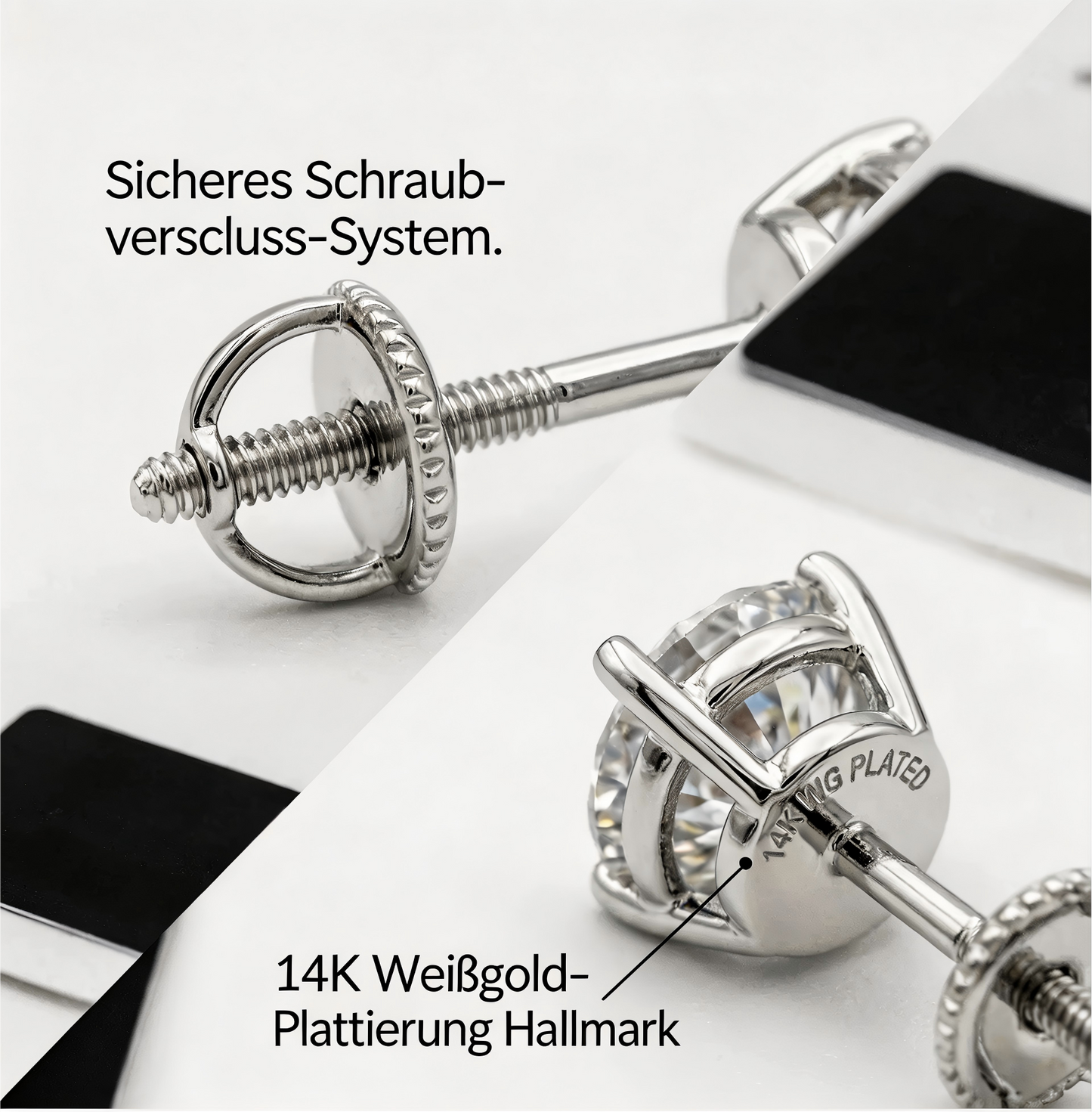Klassische runde Ohrstecker mit vier Krappen und synthetischen Diamanten