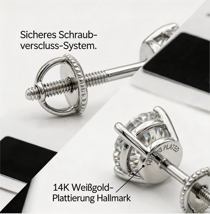 Klassische runde Ohrstecker mit vier Krappen und synthetischen Diamanten