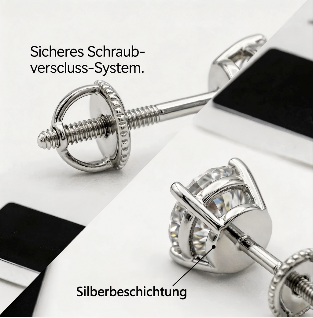 Klassische runde Ohrstecker mit vier Krappen und synthetischen Diamanten