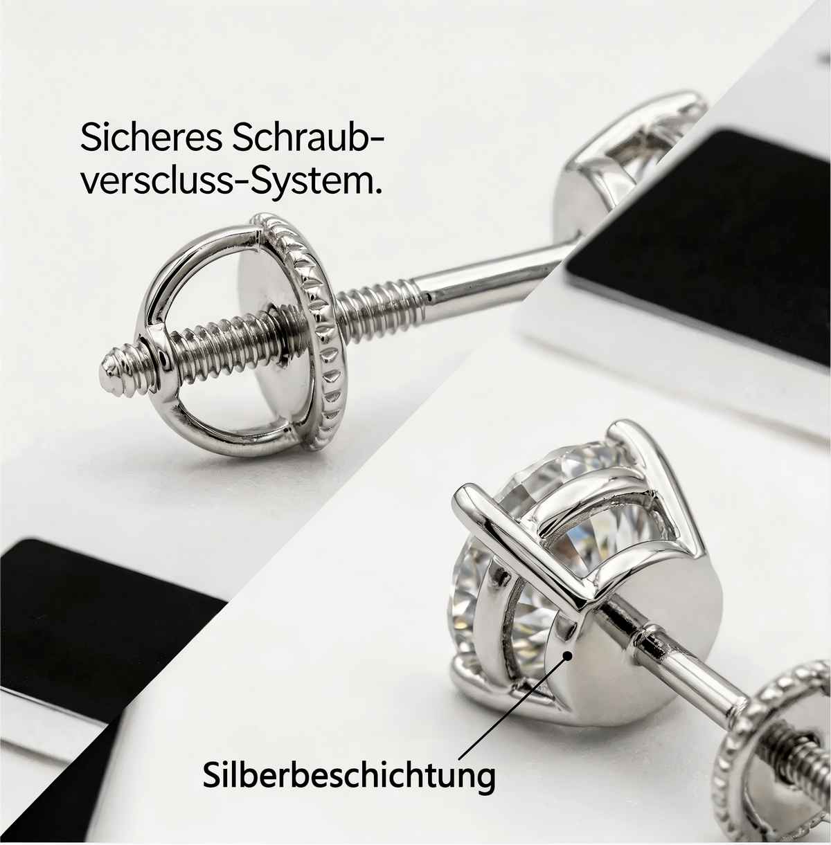 Klassische runde Ohrstecker mit vier Krappen und synthetischen Diamanten